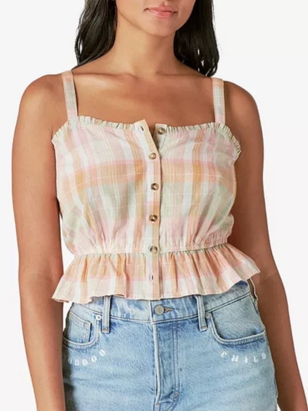 Lucky Brand Pastel Plaid Ruffle Hem Cami in Pink, Peach & Sage